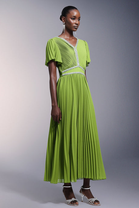 Elisa Green Pleated Maxi Dress V-Neck Short Sleeve Formal Summer Wedding