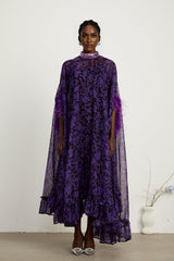 Elisa Maxi Dress - Batwing Sleeves - Feather - Trim Cuffs - All - Over Graphic Print - Semi - Sheer Construction