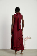 Elisa Maxi Dress - Sleeveless Style - Faux Flower Embellishments - Bow Tie Neck Detail - Flounce Hem