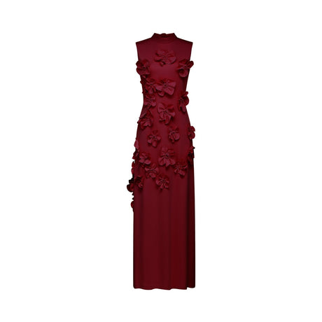 Elisa Maxi Dress - Sleeveless Style - Faux Flower Embellishments - Bow Tie Neck Detail - Flounce Hem