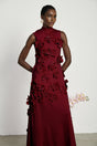 Elisa Maxi Dress - Sleeveless Style - Faux Flower Embellishments - Bow Tie Neck Detail - Flounce Hem