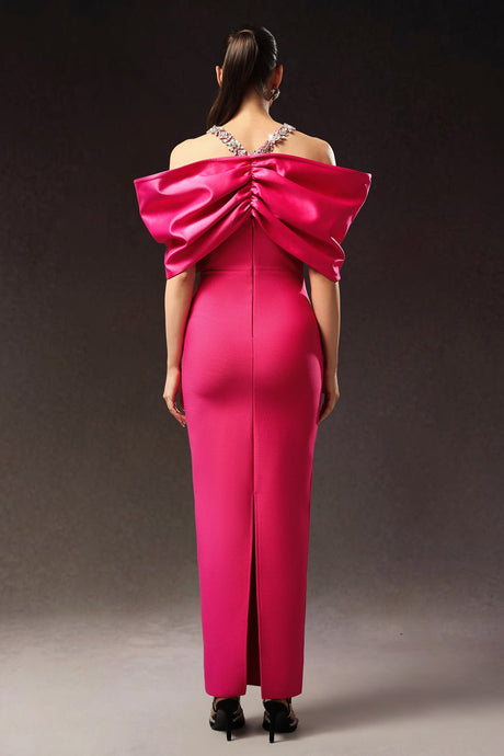 Elisa Pink Halter Neckline Bow Detail Dress for Formal Occasions and Glamorous Nights Out