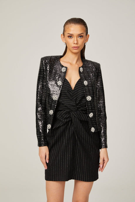 Elisa Tailored Tweed Jacket - Long Sleeves - Silver Detailing - Jeweled Buttons