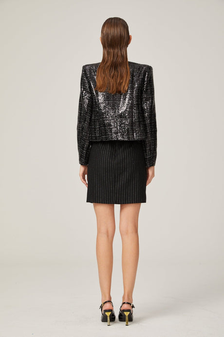Elisa Tailored Tweed Jacket - Long Sleeves - Silver Detailing - Jeweled Buttons