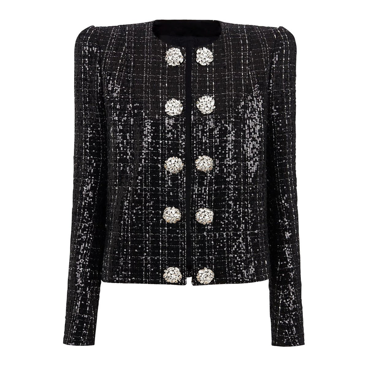 Elisa Tailored Tweed Jacket - Long Sleeves - Silver Detailing - Jeweled Buttons