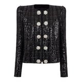 Elisa Tailored Tweed Jacket - Long Sleeves - Silver Detailing - Jeweled Buttons