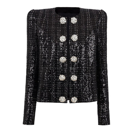 Elisa Tailored Tweed Jacket - Long Sleeves - Silver Detailing - Jeweled Buttons