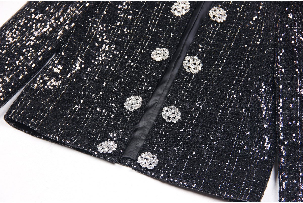 Elisa Tailored Tweed Jacket - Long Sleeves - Silver Detailing - Jeweled Buttons