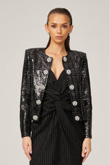 Elisa Tailored Tweed Jacket - Long Sleeves - Silver Detailing - Jeweled Buttons