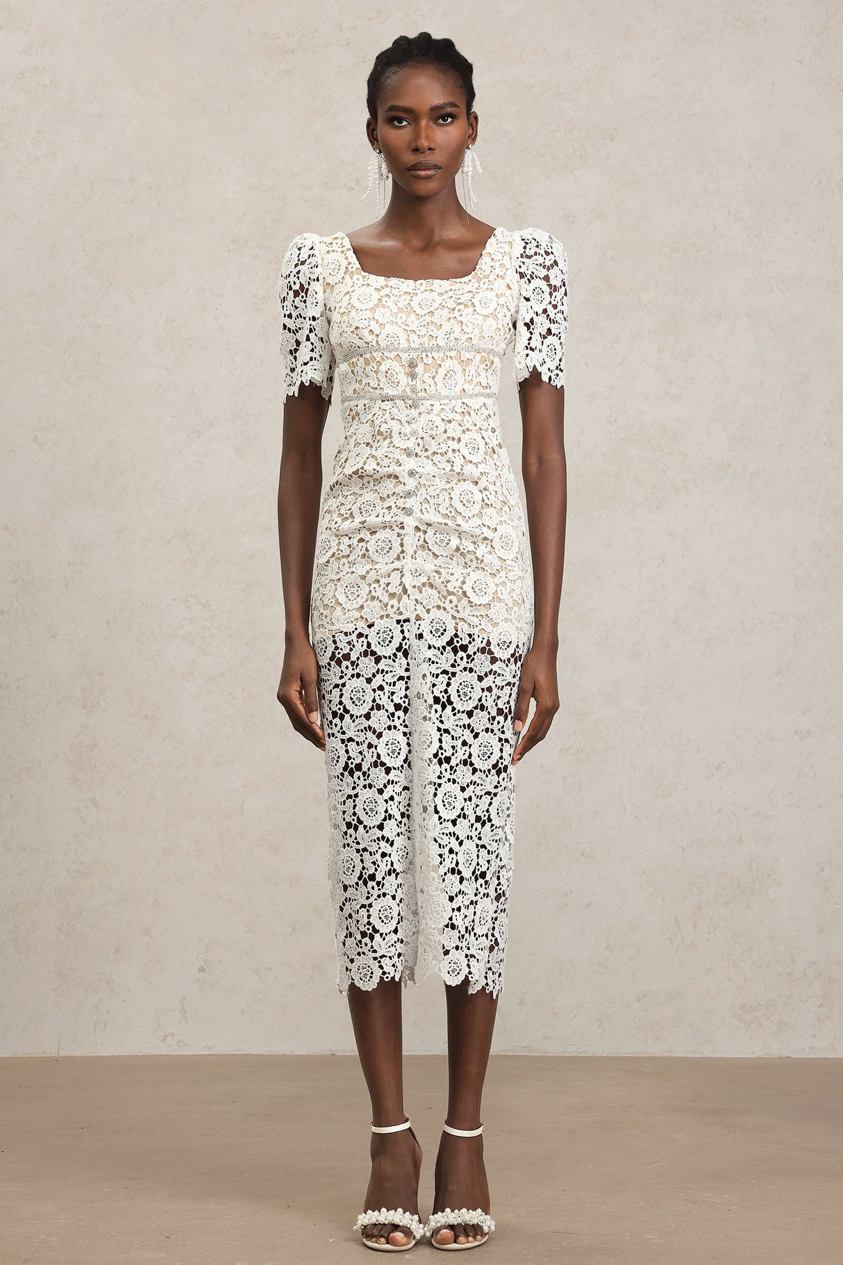 Elisa White Lace Diamond Pattern Midi Dress Short Sleeve Square Neck Fitted Silhouette Garden Party Outdoor Wedding Ethereal Detailing Versatile Fashion Woman Special Event