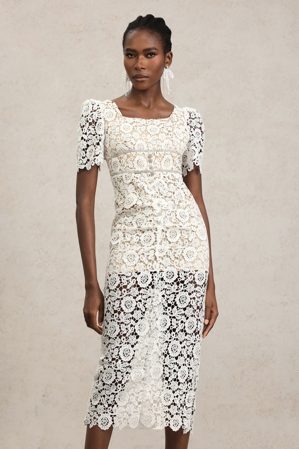 Elisa White Lace Diamond Pattern Midi Dress Short Sleeve Square Neckline Fitted Silhouette Garden Party Outdoor Wedding Ethereal Detailing Sheer Overlay Fashion Forward Woman Special Event