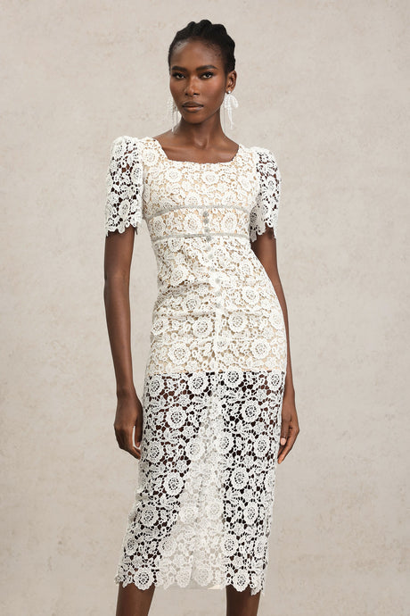 Elisa White Lace Diamond Pattern Midi Dress Short Sleeve Square Neckline Fitted Silhouette Garden Party Outdoor Wedding Ethereal Detailing Sheer Overlay Fashion Forward Woman Special Event