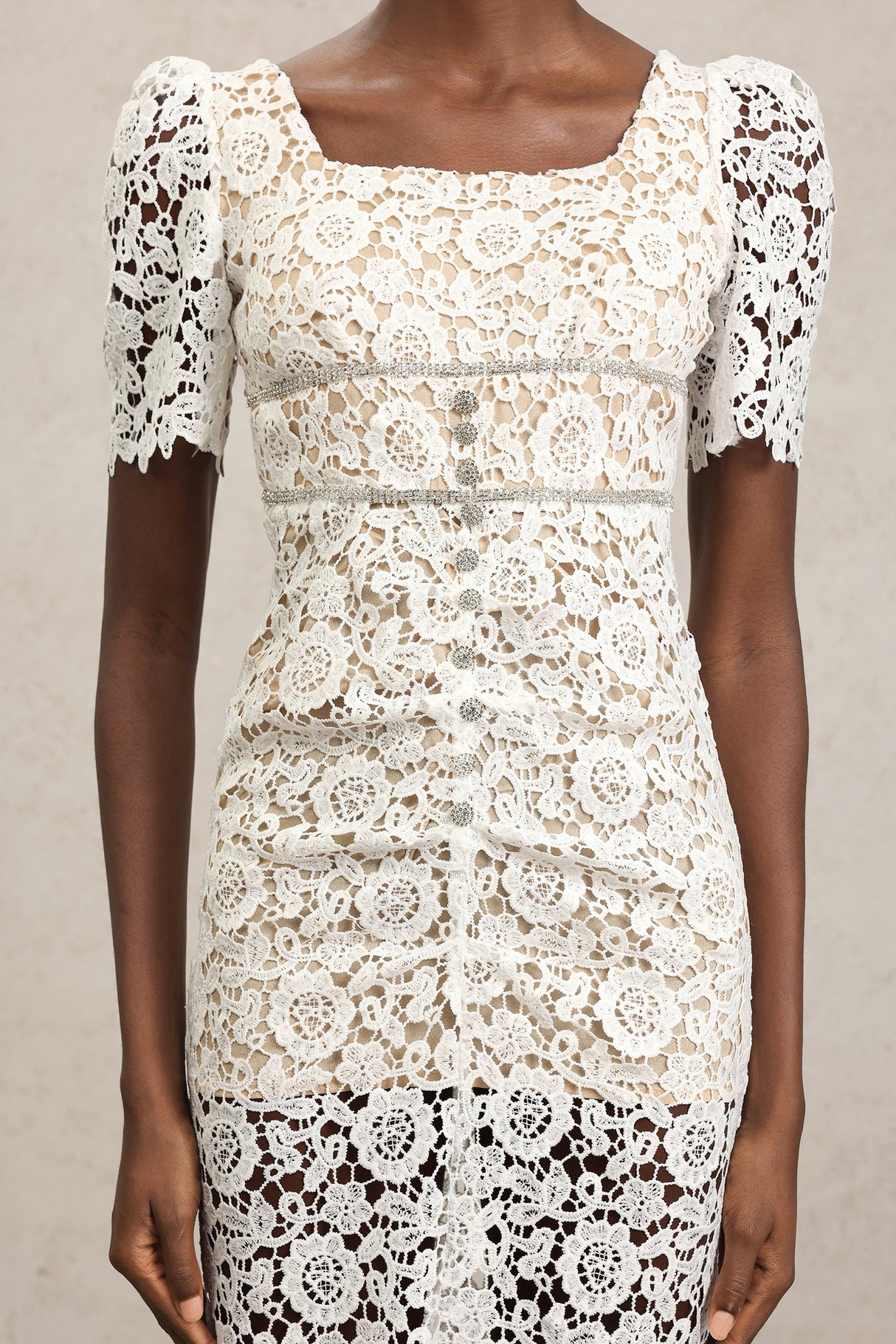 Elisa White Lace Diamond Pattern Midi Dress Short Sleeve Square Neck Fitted Silhouette Garden Party Outdoor Wedding Ethereal Sheer Overlay Special Event