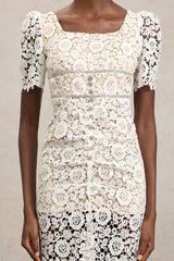 Elisa White Lace Diamond Pattern Midi Dress Short Sleeve Square Neck Fitted Silhouette Garden Party Outdoor Wedding Ethereal Sheer Overlay Special Event