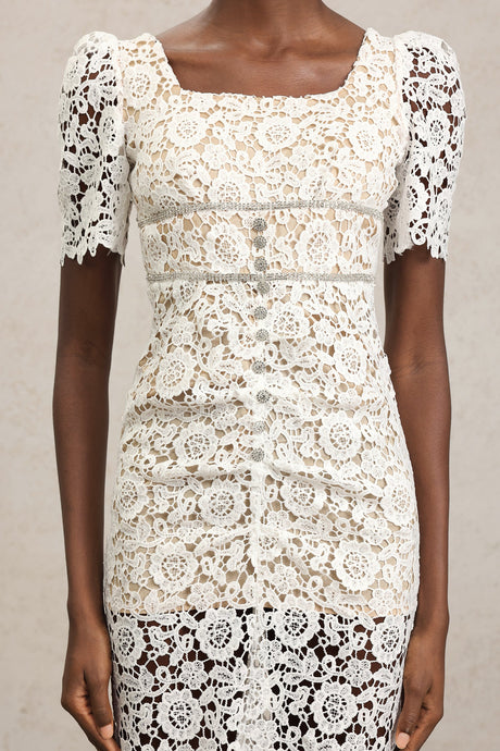 Elisa White Lace Diamond Pattern Midi Dress Short Sleeve Square Neck Fitted Silhouette Garden Party Outdoor Wedding Ethereal Sheer Overlay Special Event