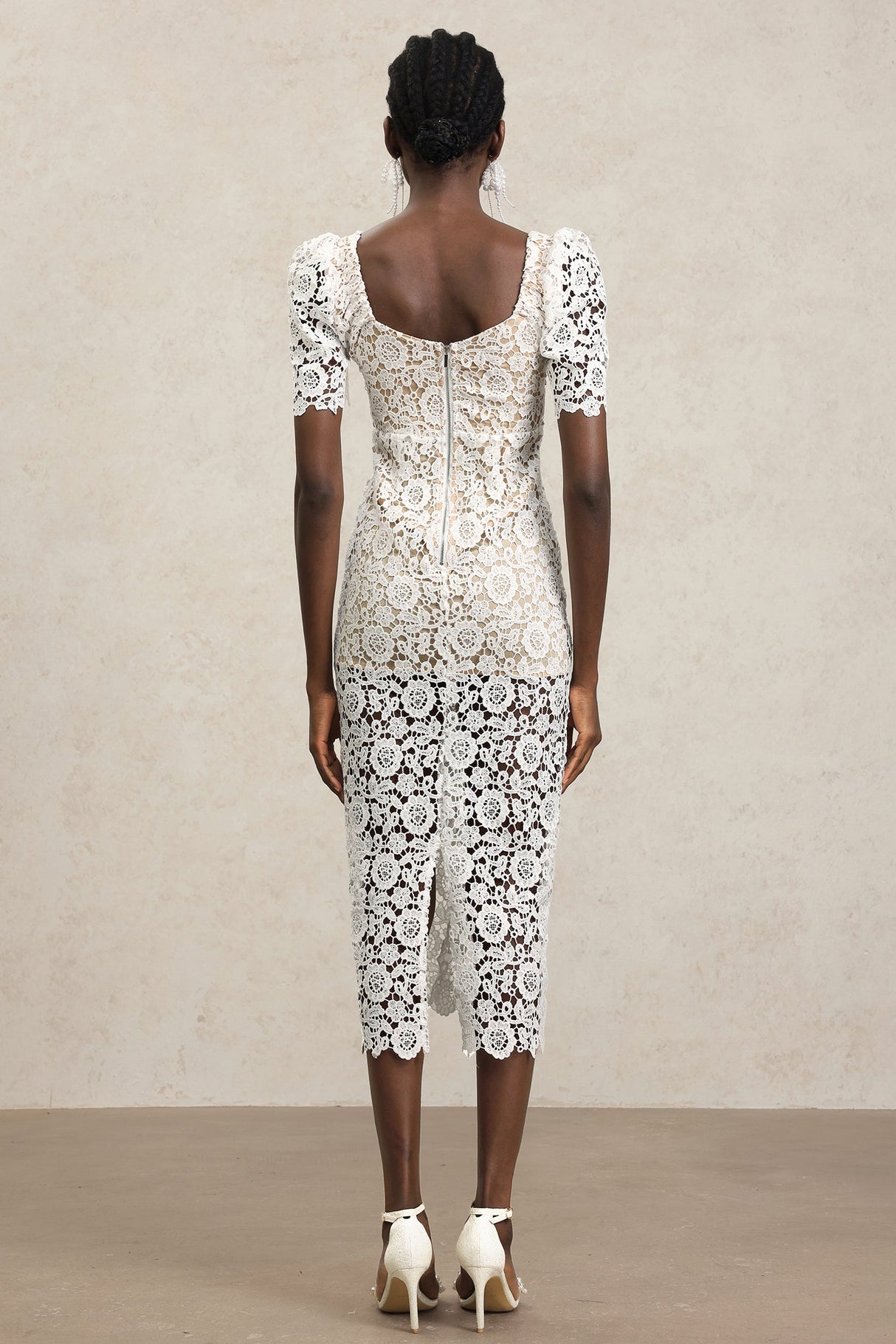 Elisa White Lace Diamond Pattern Midi Dress with Short Sleeves Square Neckline Fitted Silhouette Garden Party Outdoor Wedding Ethereal Sheer Overlays Special Event