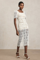 Elisa White Lace Diamond Pattern Midi Dress with Short Sleeves Square Neckline Fitted Silhouette Garden Party Outdoor Wedding Elegant Sophisticated Fashion-forward Woman Ethereal Special Event