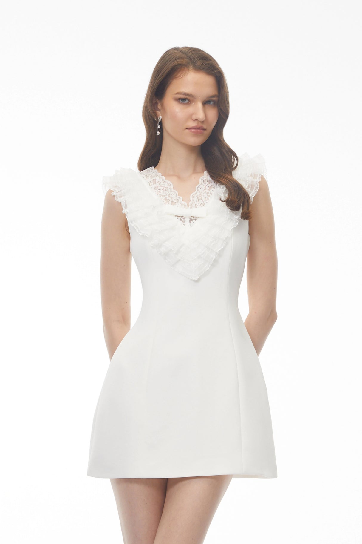 Elisabeth White VNeck Mini Dress with Lace Panels