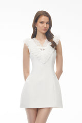 Elisabeth White VNeck Mini Dress with Lace Panels