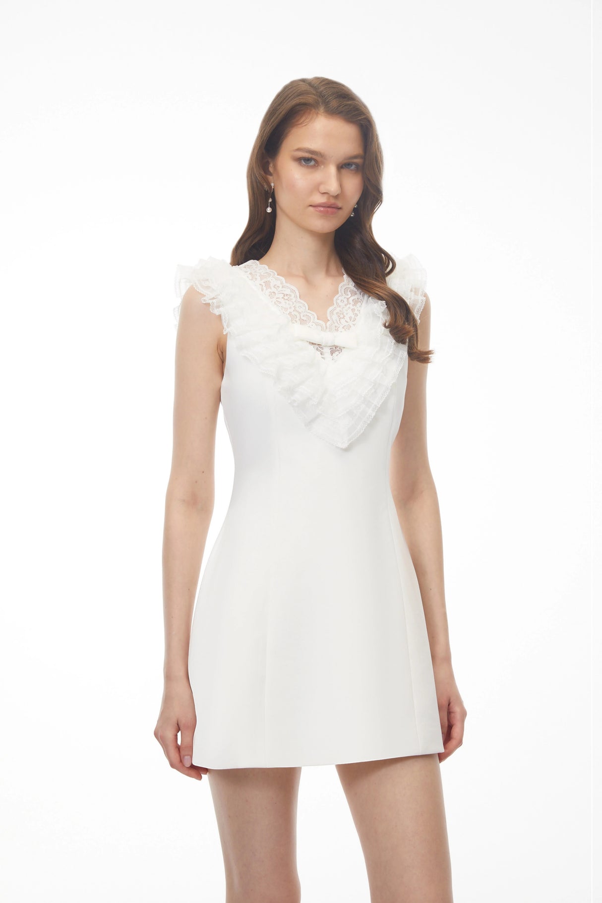 Elisabeth White VNeck Mini Dress with Lace Panels