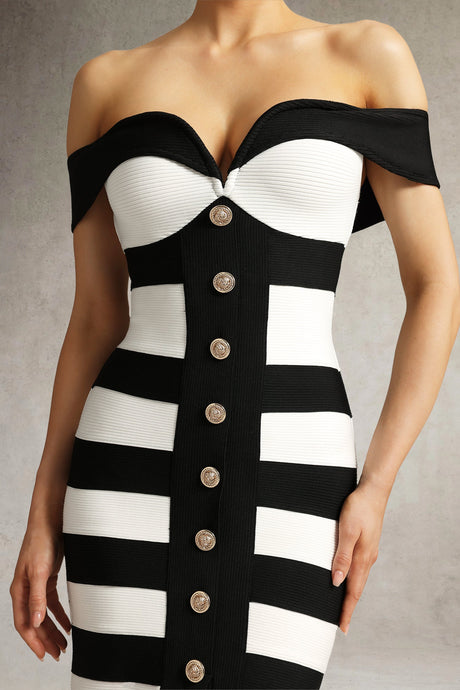 Elisabetta Black Bandage Off-Shoulder Midi Dress with Stripe Pattern and Button Detailing
