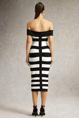 Elisabetta Black Off-Shoulder Bandage Midi Dress with Stripe Pattern and Button Detailing