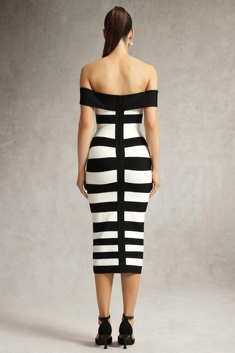 Elisabetta Black Off-Shoulder Bandage Midi Dress with Stripe Pattern and Button Detailing