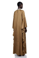 Elisabetta Brownish Green Turtleneck Maxi Dress with Flutter Sleeves