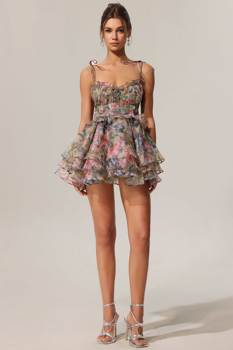 Elisabetta Multi Floral Sleeveless V-Neck Flounce Mini Dress