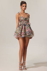 Elisabetta Hester Sleeveless V-Neck Lacing Flounce Mini Dress in Multi Floral Print