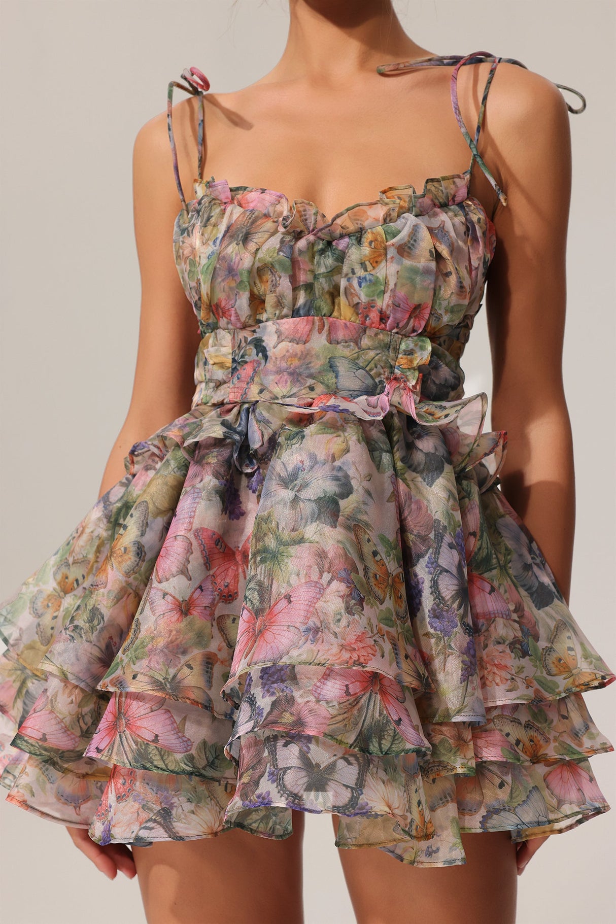 Elisabetta Hester Sleeveless V-Neck Lacing Flounce Mini Dress in Multi Floral Print