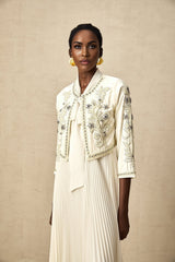 Elisabetta Jacket & Dress - Crystal & Pearl Embellished - Floral Embroidery - Front Fastening - Tie - Neck Design