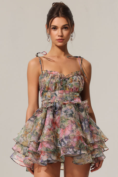 Elisabetta Multi Floral V-Neck Lacing Flounce Mini Dress
