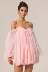Elisabetta Pink Tulle Off-Shoulder Dress with Voluminous Sleeves and Puffed Skirt