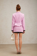 Elisabetta Top & Skirt Set - Tweed Fabric - Crystal Embellishment - Pleated Detailing - Peplum Hem - Front Button Fastening