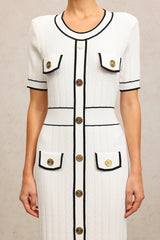 Elisabetta White Fitted Dress with Buttoned Pockets and Piping Detail