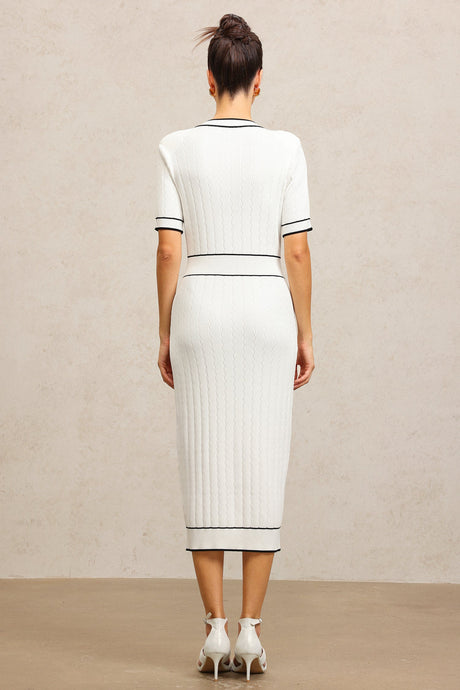 Elisabetta White Fitted Dress with Buttoned Pockets and Contrasting Piping