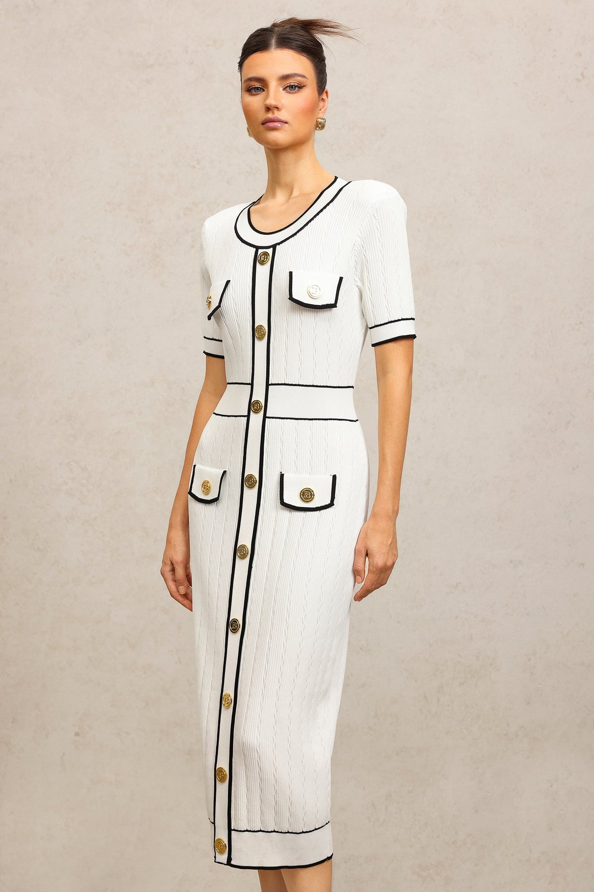 Elisabetta White Fitted Dress with Buttoned Pockets and Contrasting Piping