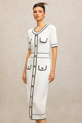 Elisabetta White Fitted Dress with Buttoned Pockets and Contrasting Piping