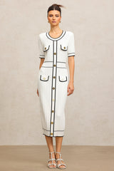 Elisabetta White Fitted Silhouette Dress with Buttoned Pockets and Contrasting Piping