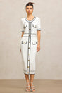 Elisabetta White Fitted Silhouette Dress with Buttoned Pockets and Contrasting Piping