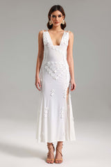 Elisabetta White Floral Asymmetrical Hemline Midi Dress