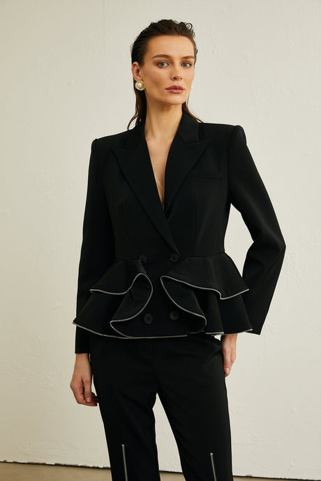 Élise black zipdetail jacket  trousers matching set
