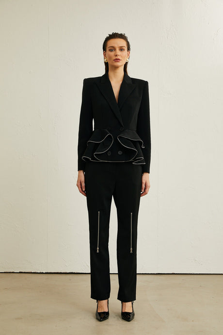 Élise black zipdetail jacket  trousers matching set