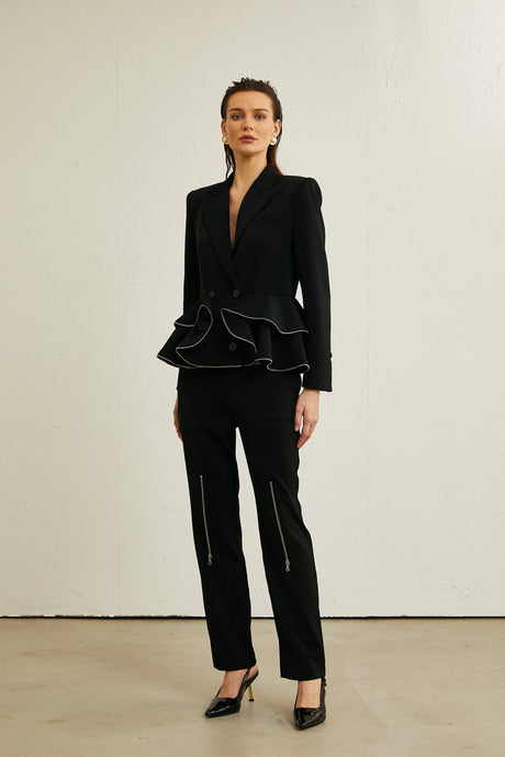 Élise black zipdetail jacket  trousers matching set