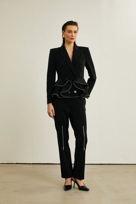 Élise black zipdetail jacket  trousers matching set