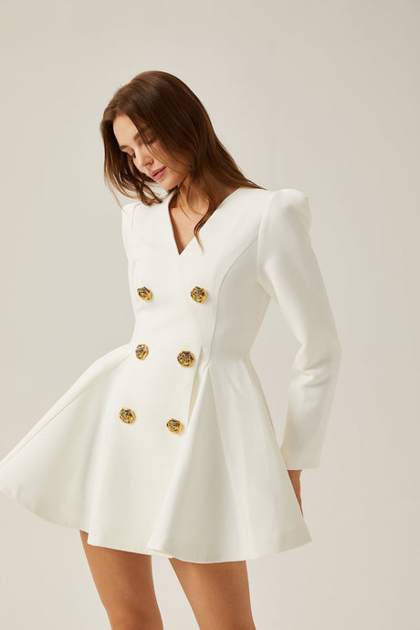 Élise pleated peplumhem blazer dress in White