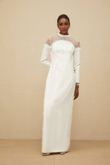 Eliza Gown - Mock Neck - Faux - Pearl & Rhinestone Embellishment - Cinched Waist - Tulle Panelling - Rear Slit