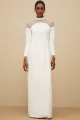 Eliza Gown - Mock Neck - Faux - Pearl & Rhinestone Embellishment - Cinched Waist - Tulle Panelling - Rear Slit