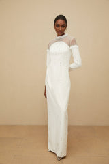 Eliza Gown - Mock Neck - Faux - Pearl & Rhinestone Embellishment - Cinched Waist - Tulle Panelling - Rear Slit
